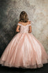 Petite Adele Little Girls Blush Embroidered Bodice Off Shoulder Tulle Gown 2-6 - SophiasStyle.com